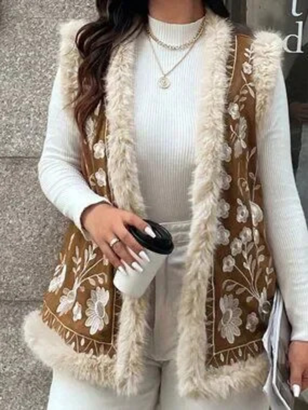 ZARA Brown Elegant Women's Embroidered Patchwork Faux Fur Collar Jacket
